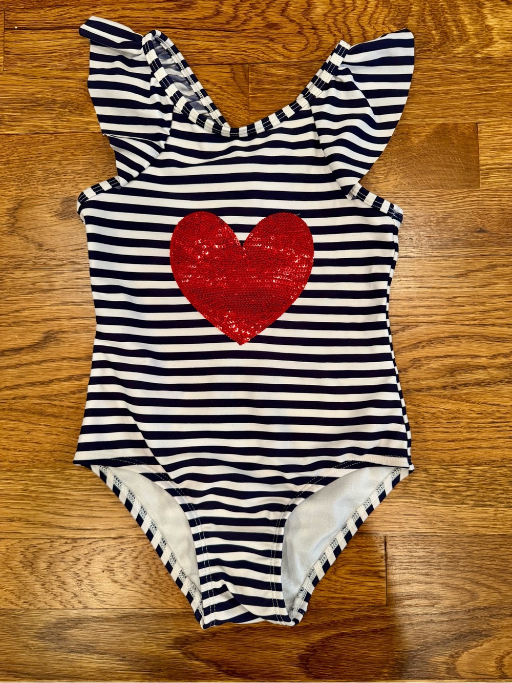 Cat & Jack Girls Navy & White Stripe Swimsuit with Red Sequin Heart - GC - 5T